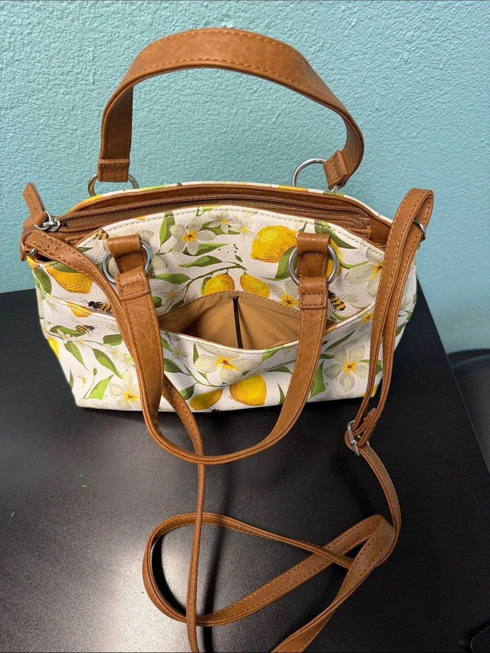 Juilli Sac Lemon Print Satchel with Brown Trim
